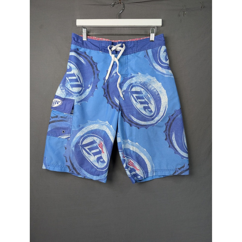 Miller Lite Beer Bottle Cap Board Shorts Mens Large Blue Swim Trunks 8028